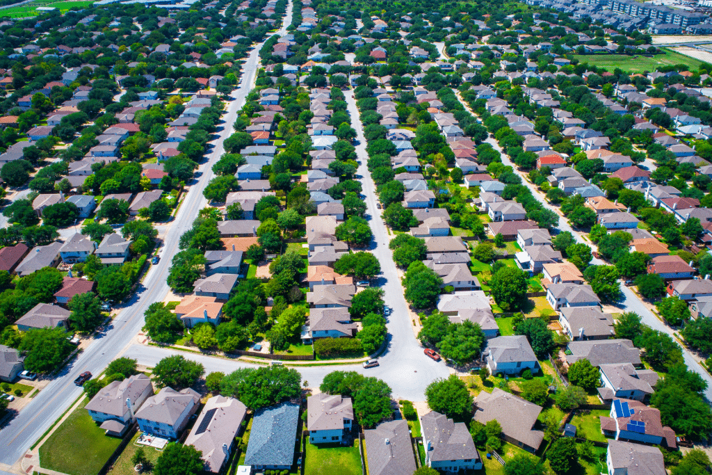 Tightly packed houses in a neighborhood.