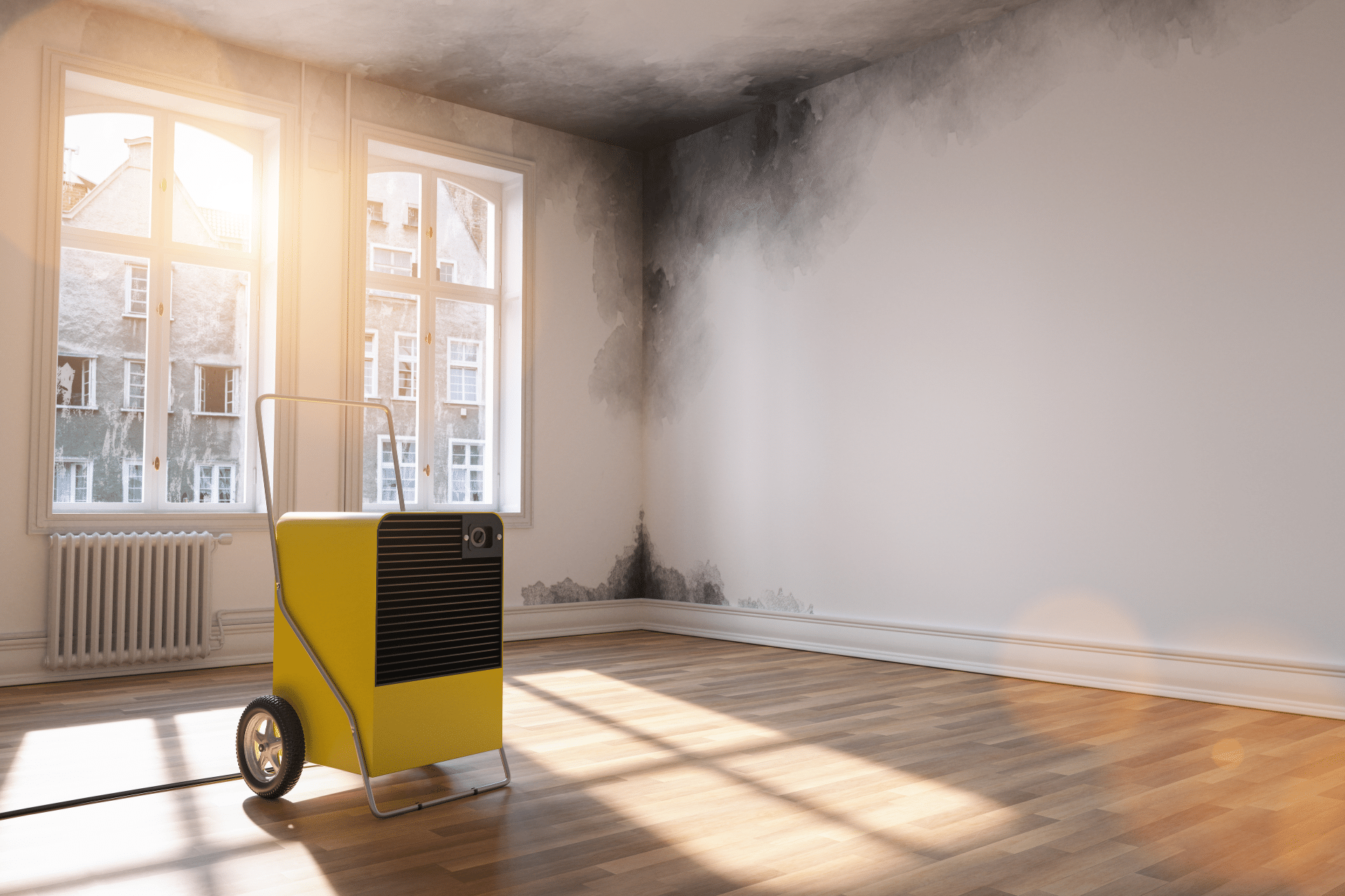 A mold remediation machine sitting inside of a well lit room, with wood floors, and white walls with a lot of mold on them.