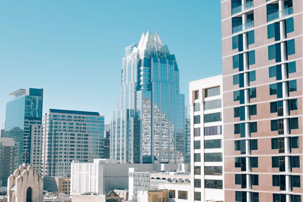 Skyline view of high-rise buildings representing the Austin, Texas real estate market.