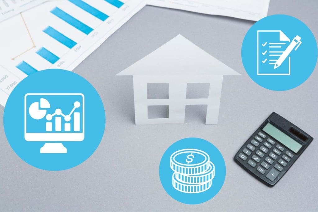 A paper house model at the center, a document of bar diagrams on the top left and a calculator on the bottom right sits on a gray table. Floating blue icons of coins, lists, and diagrams illustrate data-driven property management.