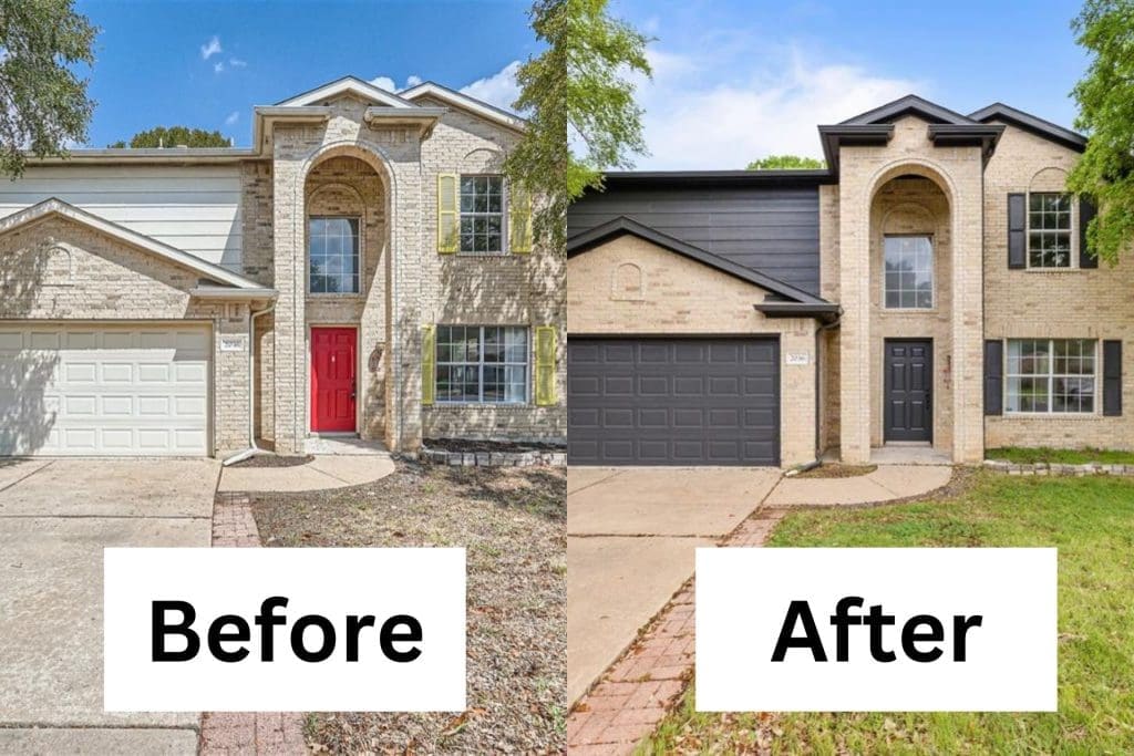 Before and after photos of a two-story home to show improvements made to utilize a property. The before photo shows a red door, yellow windows, a stony yard, and a white garage door. The after photo shows a gray door, gray windows, a grassy yard, and a gray garage door.