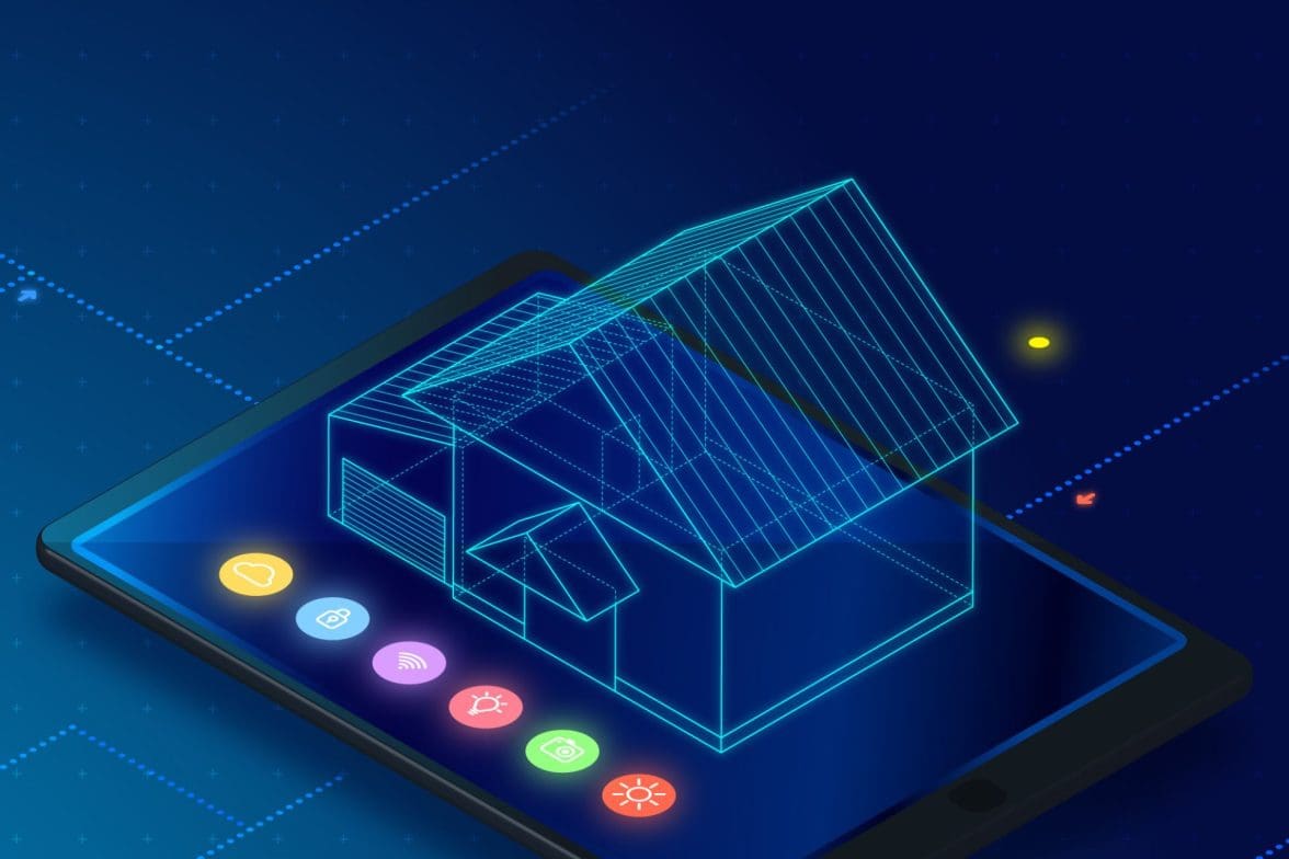 Holographic blue image of a house displayed over an iPad, representing real estate management.