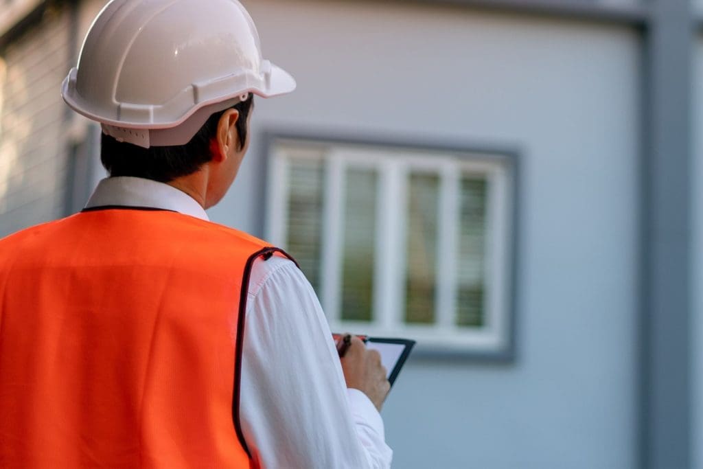 A man in a white hard hat and orange vest stands in front of a grey rental property with a white window, holding a clipboard and pen, likely inspecting it according to Texas property code.